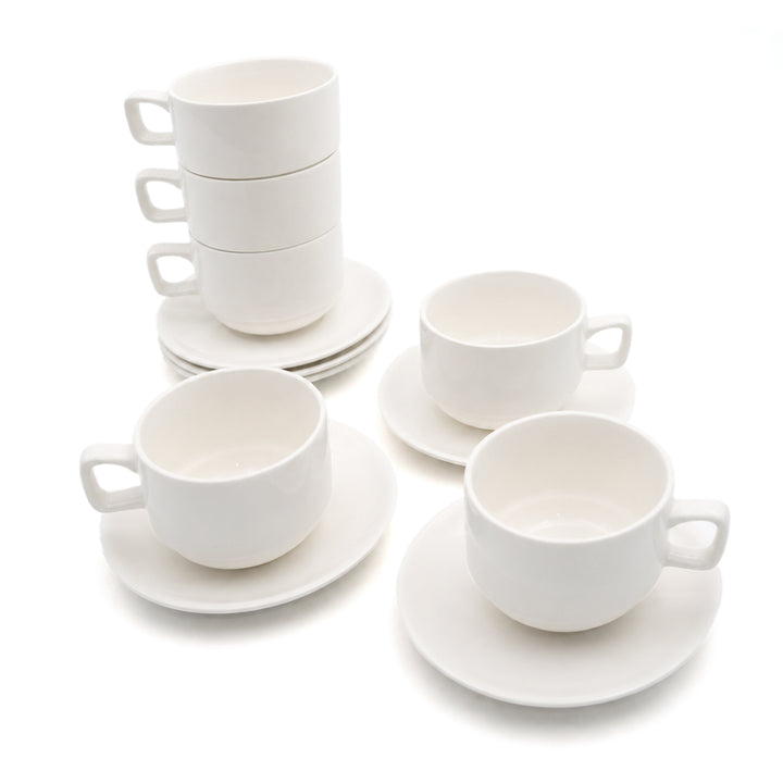 12 Piece Ceramic Cup and Saucer Set, 6 Coffee Tea Cups with 6 Matching Saucers, 220ml White Ceramic Espresso Cappuccino Tea Set for Home Kitchen Office Dining