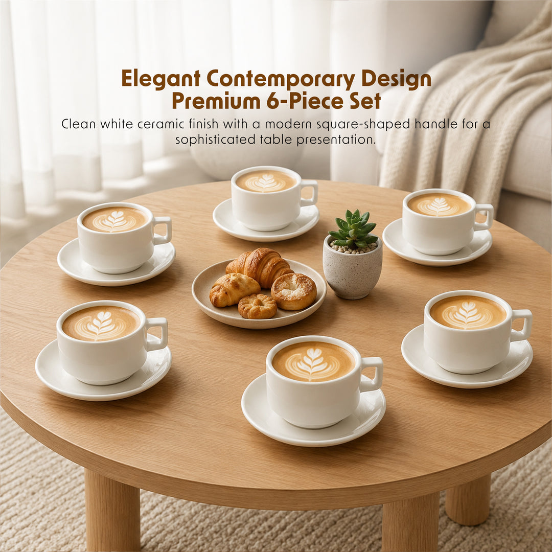12 Piece Ceramic Cup and Saucer Set, 6 Coffee Tea Cups with 6 Matching Saucers, 220ml White Ceramic Espresso Cappuccino Tea Set for Home Kitchen Office Dining