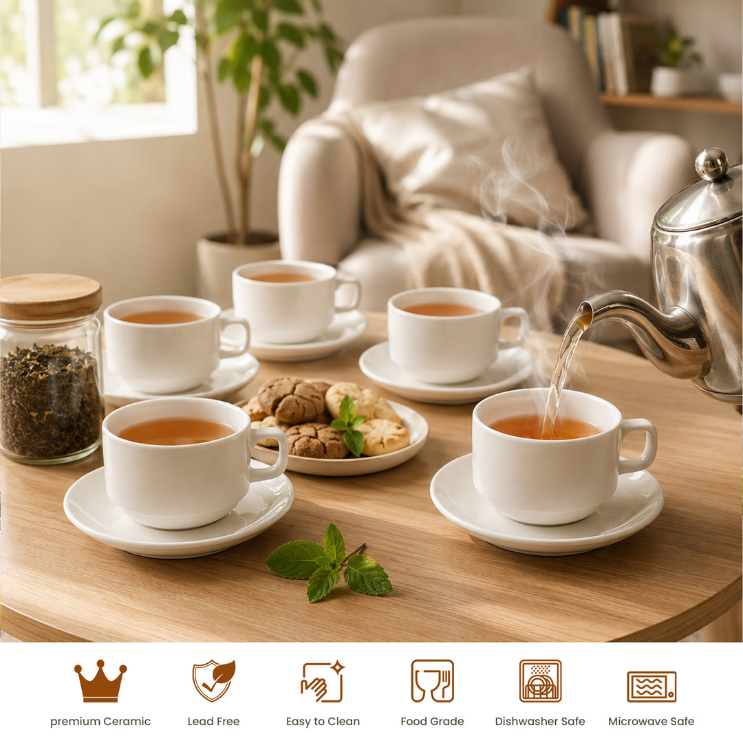 12 Piece Ceramic Cup and Saucer Set, 6 Coffee Tea Cups with 6 Matching Saucers, 220ml White Ceramic Espresso Cappuccino Tea Set for Home Kitchen Office Dining