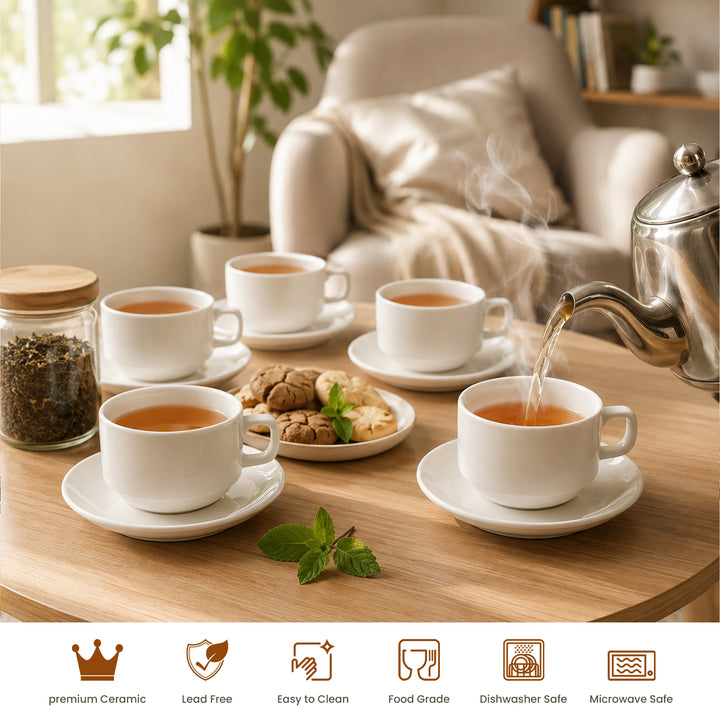 12 Piece Ceramic Cup and Saucer Set, 6 Coffee Tea Cups with 6 Matching Saucers, 220ml White Ceramic Espresso Cappuccino Tea Set for Home Kitchen Office Dining