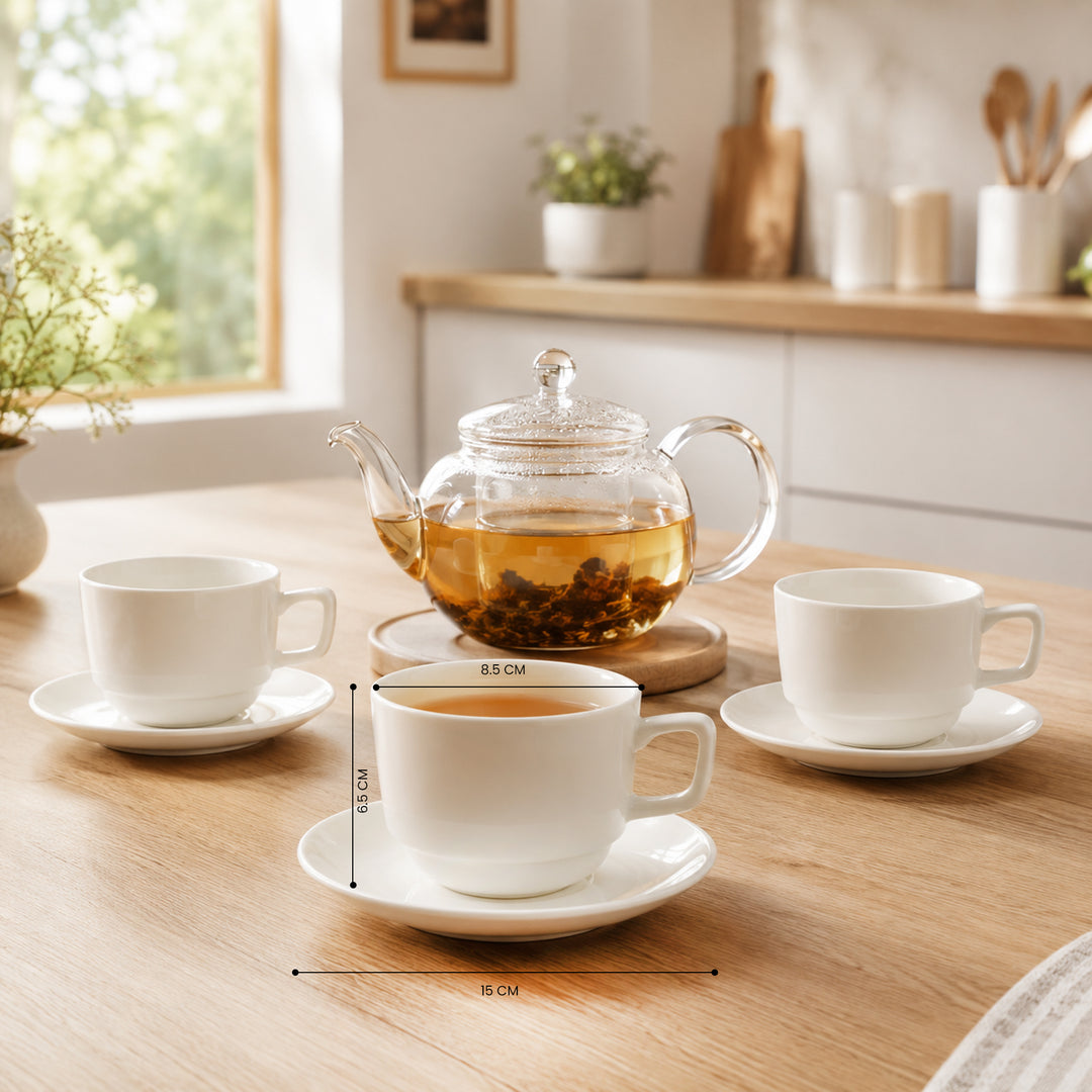 12 Piece Ceramic Cup and Saucer Set, 6 Coffee Tea Cups with 6 Matching Saucers, 220ml White Ceramic Espresso Cappuccino Tea Set for Home Kitchen Office Dining