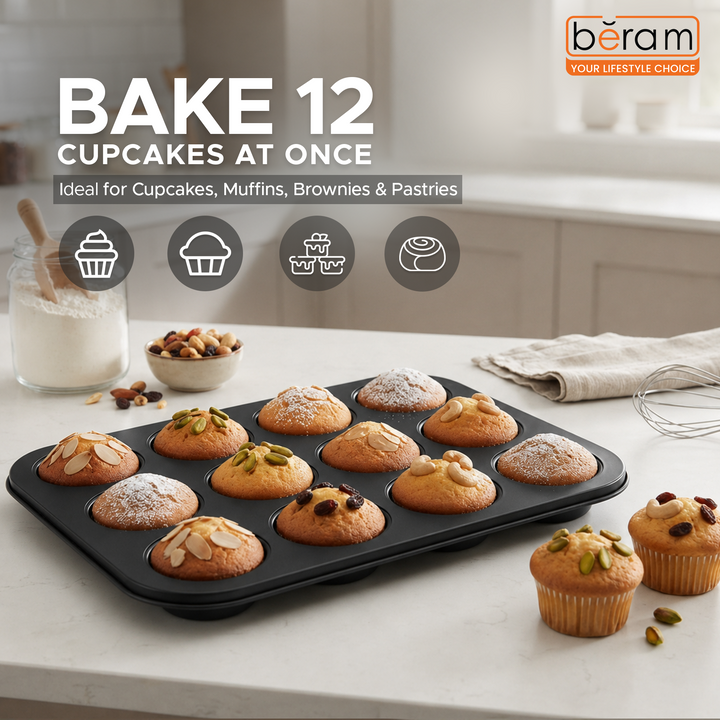 Beram 12 Cup Cake Tray Non Stick Carbon Steel Muffin Pan Durable Oven Safe Bakeware Baking Moldfor Cupcakes Muffins Brownies Cookies Pastry and Desserts