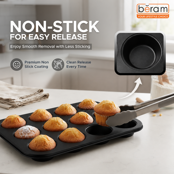 Beram 12 Cup Cake Tray Non Stick Carbon Steel Muffin Pan Durable Oven Safe Bakeware Baking Moldfor Cupcakes Muffins Brownies Cookies Pastry and Desserts
