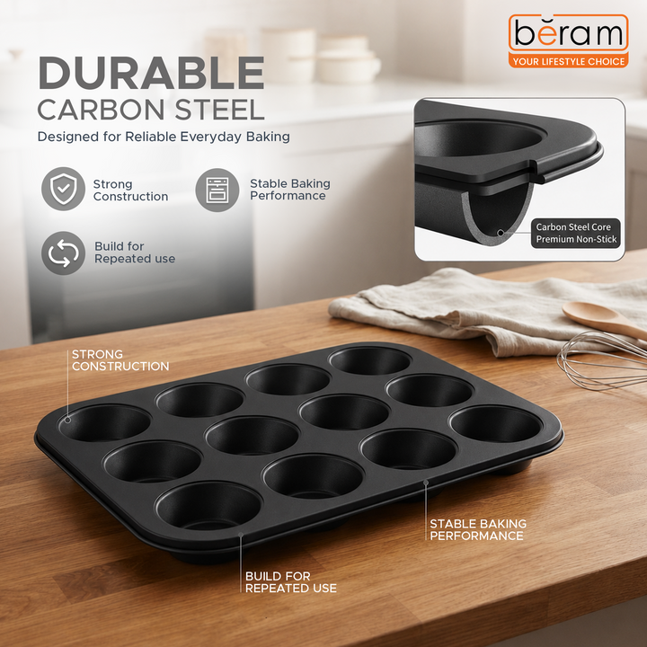 Beram 12 Cup Cake Tray Non Stick Carbon Steel Muffin Pan Durable Oven Safe Bakeware Baking Moldfor Cupcakes Muffins Brownies Cookies Pastry and Desserts