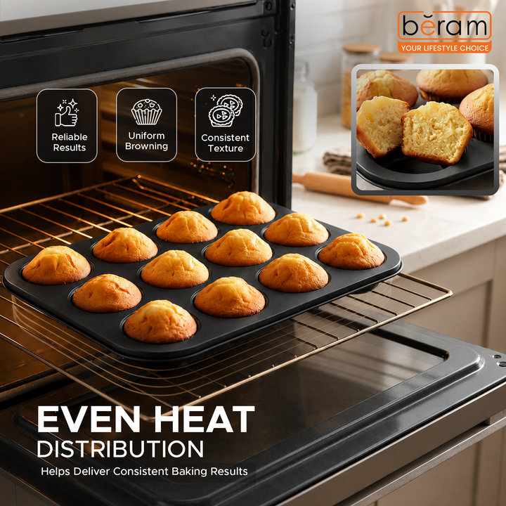 Beram 12 Cup Cake Tray Non Stick Carbon Steel Muffin Pan Durable Oven Safe Bakeware Baking Moldfor Cupcakes Muffins Brownies Cookies Pastry and Desserts