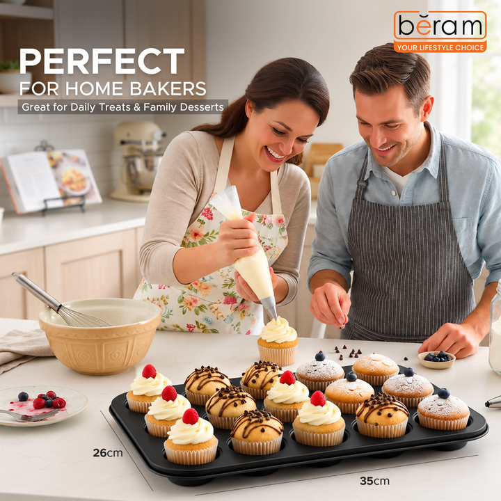 Beram 12 Cup Cake Tray Non Stick Carbon Steel Muffin Pan Durable Oven Safe Bakeware Baking Moldfor Cupcakes Muffins Brownies Cookies Pastry and Desserts