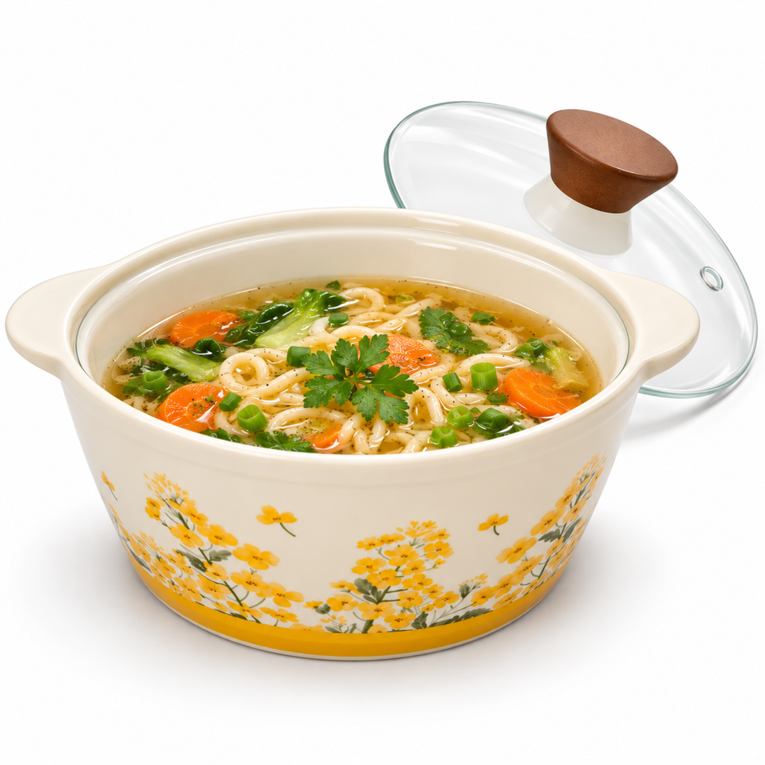 Soup Pot Set with Glass Lids, 0.85L Each, Floral Ceramic Cooking Pots with Side Handles & Wooden Knobs for Soup, Noodles, Porridge, Milk, Stews & Serving