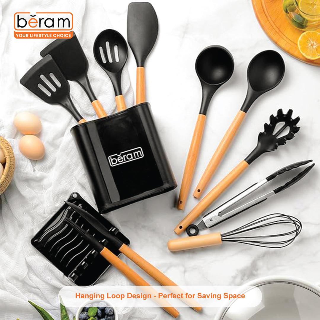BERAM Silicone Cooking Utensil Set 13 Pieces Wooden Handles Kitchen Spatula Set Nonstick Cookware Non Toxic Heat Resistant Kitchen Tools Set With Storage Bucket and Lid Rest Black