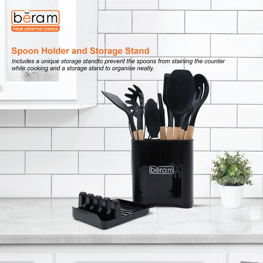 BERAM Silicone Cooking Utensil Set 13 Pieces Wooden Handles Kitchen Spatula Set Nonstick Cookware Non Toxic Heat Resistant Kitchen Tools Set With Storage Bucket and Lid Rest Black