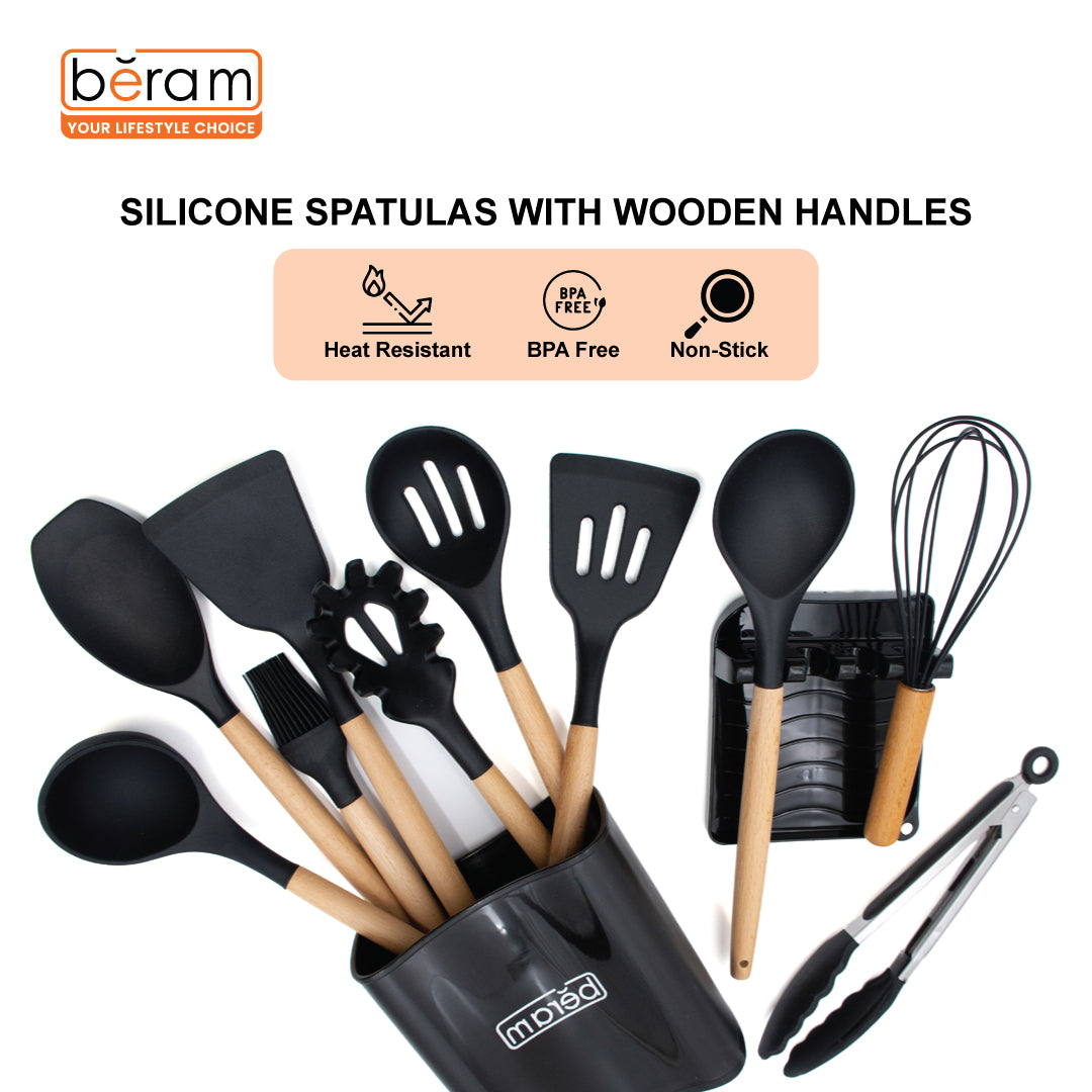 BERAM Silicone Cooking Utensil Set 13 Pieces Wooden Handles Kitchen Spatula Set Nonstick Cookware Non Toxic Heat Resistant Kitchen Tools Set With Storage Bucket and Lid Rest Black