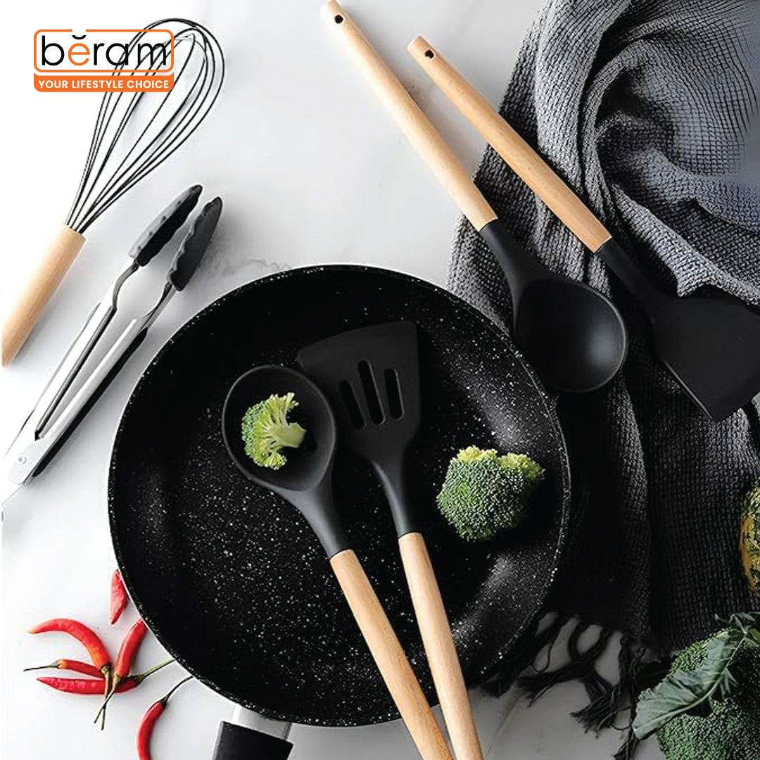 BERAM Silicone Cooking Utensil Set 13 Pieces Wooden Handles Kitchen Spatula Set Nonstick Cookware Non Toxic Heat Resistant Kitchen Tools Set With Storage Bucket and Lid Rest Black