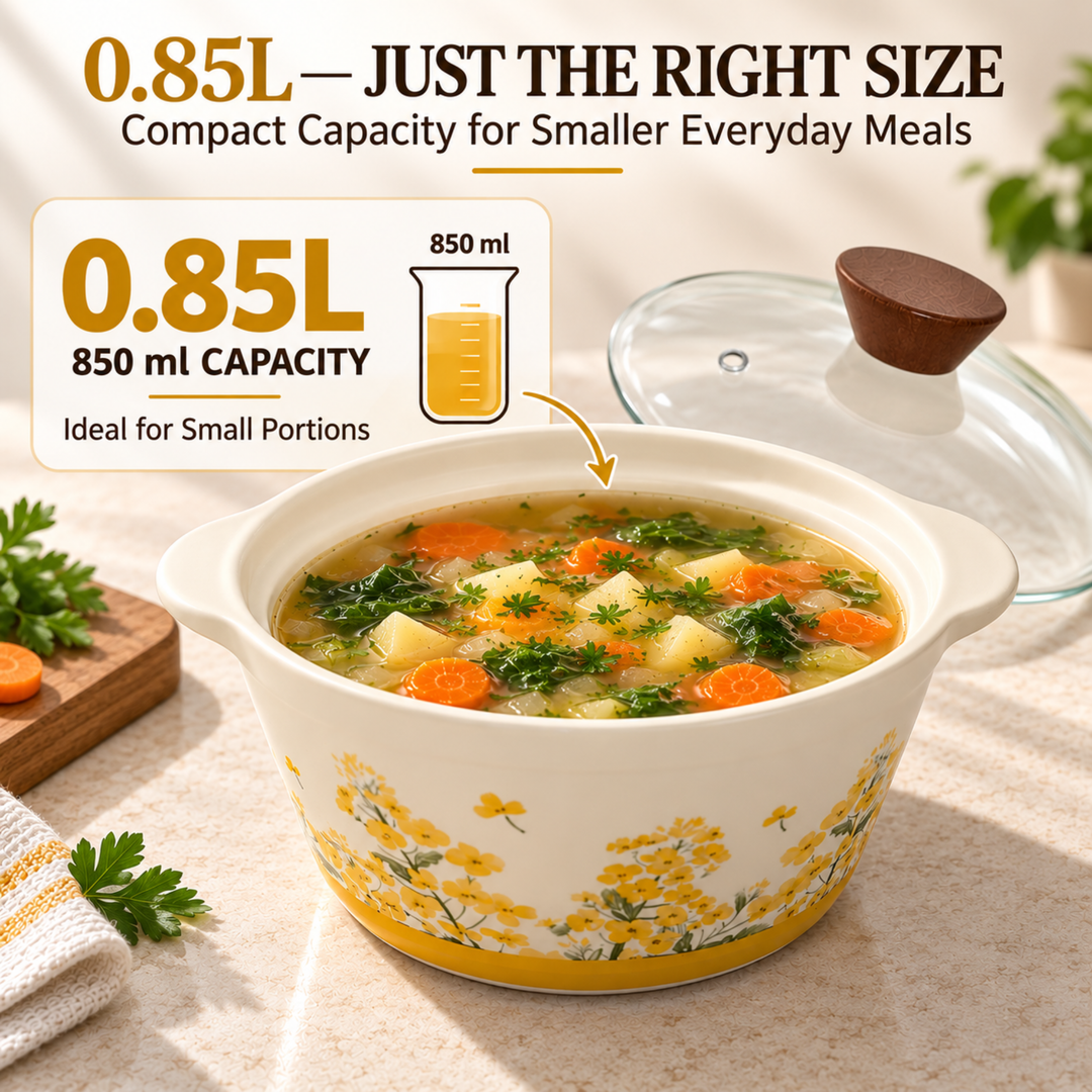 Soup Pot Set with Glass Lids, 0.85L Each, Floral Ceramic Cooking Pots with Side Handles & Wooden Knobs for Soup, Noodles, Porridge, Milk, Stews & Serving