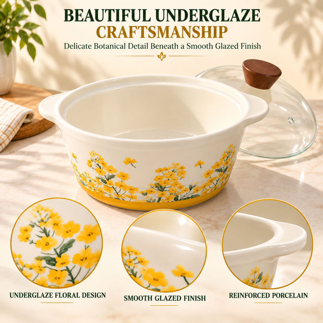 Soup Pot Set with Glass Lids, 0.85L Each, Floral Ceramic Cooking Pots with Side Handles & Wooden Knobs for Soup, Noodles, Porridge, Milk, Stews & Serving
