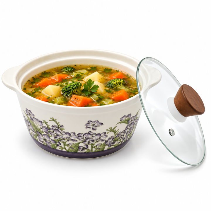 Soup Pot Set with Glass Lids, 0.85L Each, Floral Ceramic Cooking Pots with Side Handles & Wooden Knobs for Soup, Noodles, Porridge, Milk, Stews & Serving