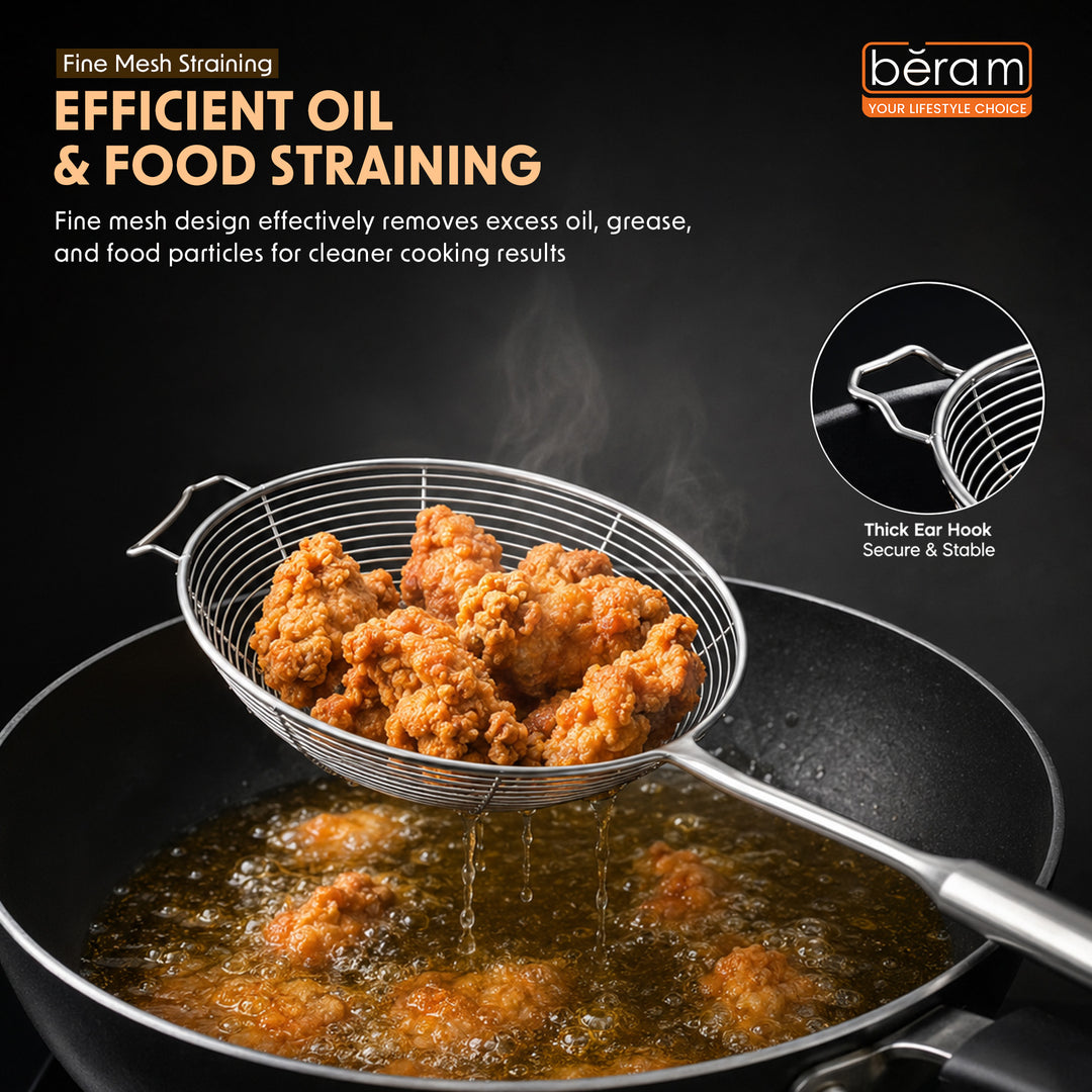 BERAM Stainless Steel Food Strainer Spatula, Large Size, for Frying, Steaming, and Grilling, Skimmer for Daily Use, Cooking Utensil, and Kitchen Tool (17CM)