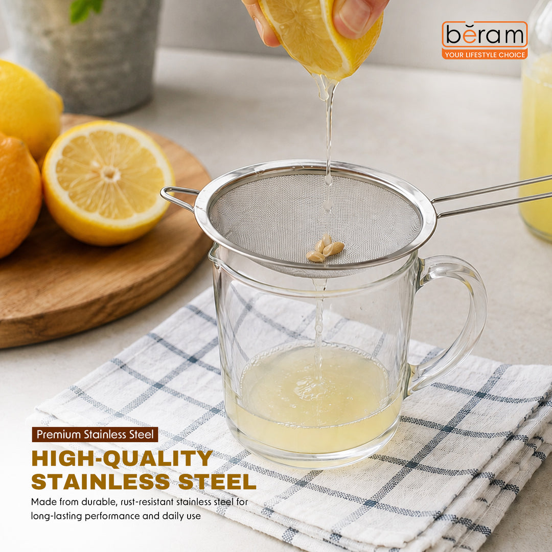 BERAM Strainer Spiral Design with Handle 304 Stainless Steel Sieve Sifting Cooking Utensil Daily Use Kitchen Tool Juice Strainer Pulp Separator 18 CM Food-Grade Durable Rust-Resistant
