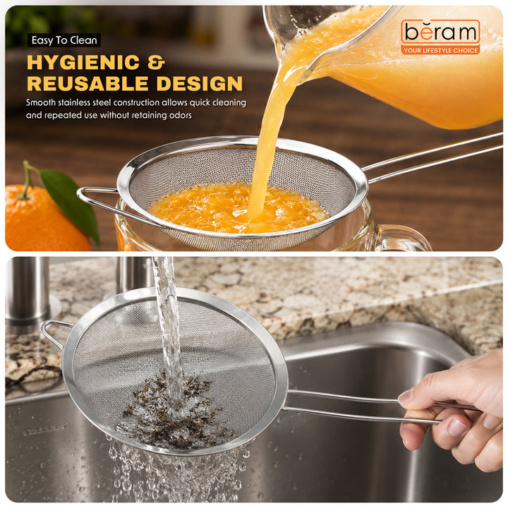 BERAM Strainer Spiral Design with Handle 304 Stainless Steel Sieve Sifting Cooking Utensil Daily Use Kitchen Tool Juice Strainer Pulp Separator 18 CM Food-Grade Durable Rust-Resistant