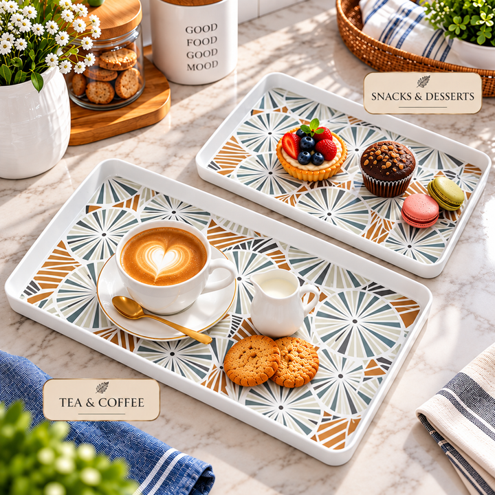 Melamine  Tray White Set Serving Tray Microwave Safe Look Lightweight Durable Platter for Snacks Desserts Tea Coffee Dining Kitchen Party and Restaurant Use