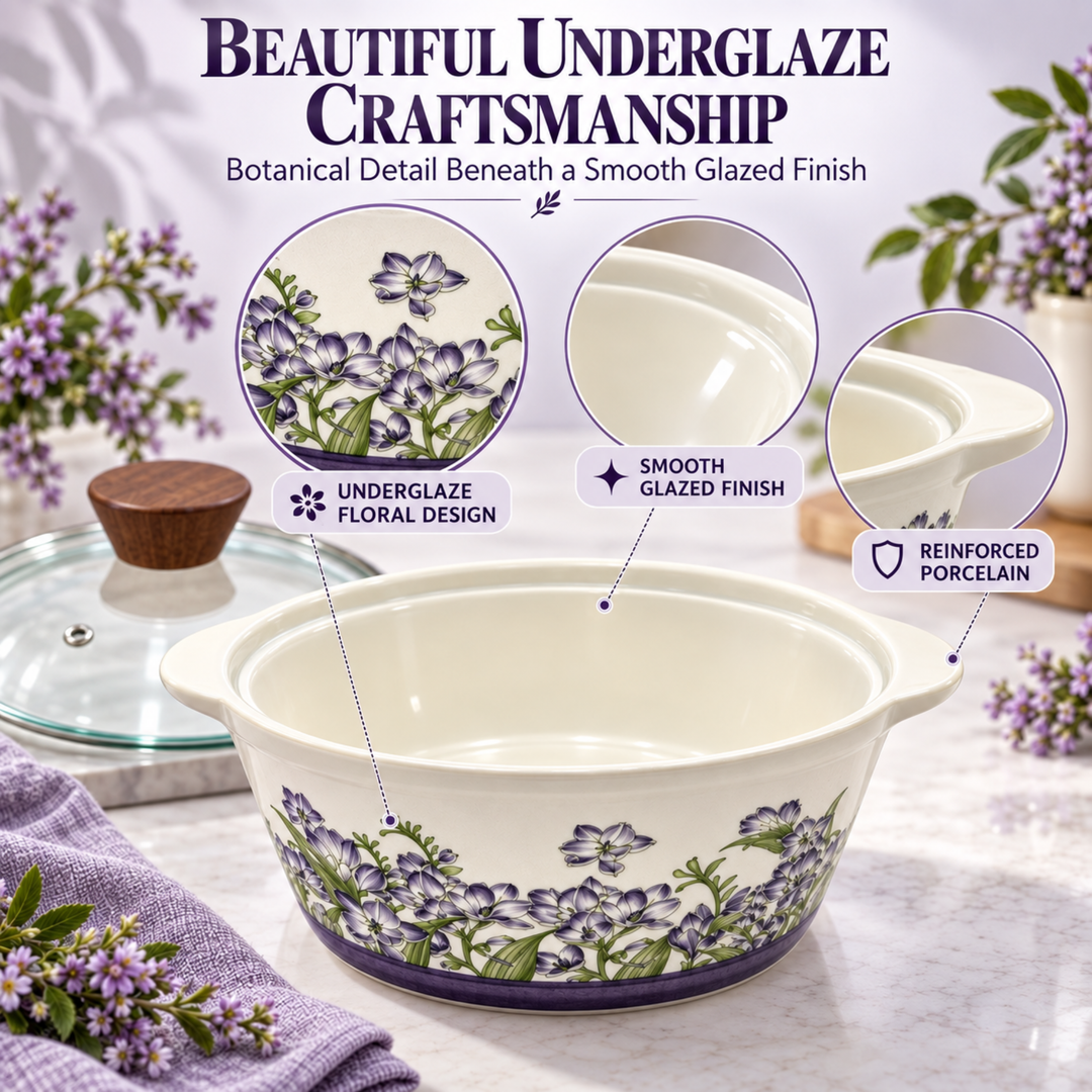Soup Pot Set with Glass Lids, 0.85L Each, Floral Ceramic Cooking Pots with Side Handles & Wooden Knobs for Soup, Noodles, Porridge, Milk, Stews & Serving