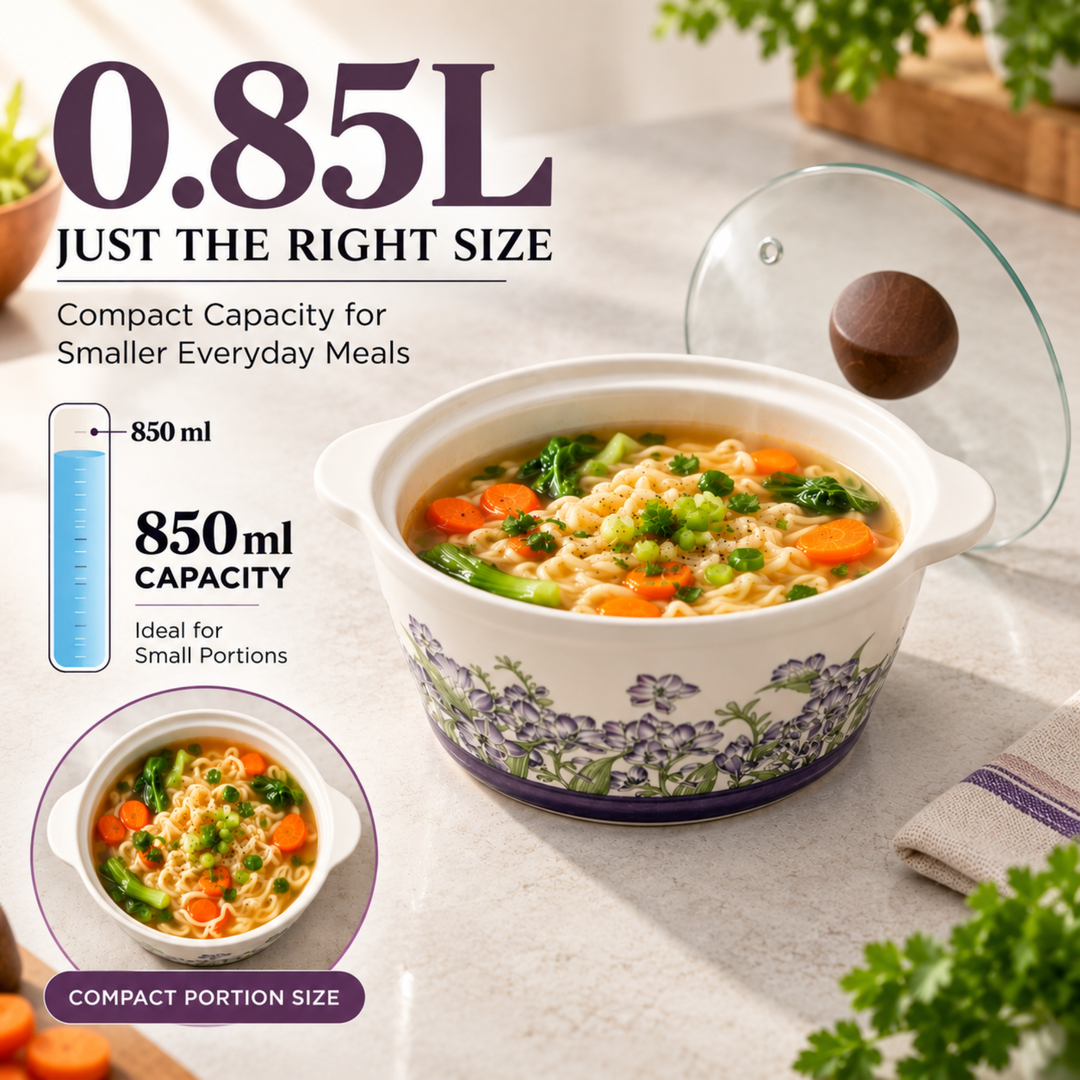 Soup Pot Set with Glass Lids, 0.85L Each, Floral Ceramic Cooking Pots with Side Handles & Wooden Knobs for Soup, Noodles, Porridge, Milk, Stews & Serving
