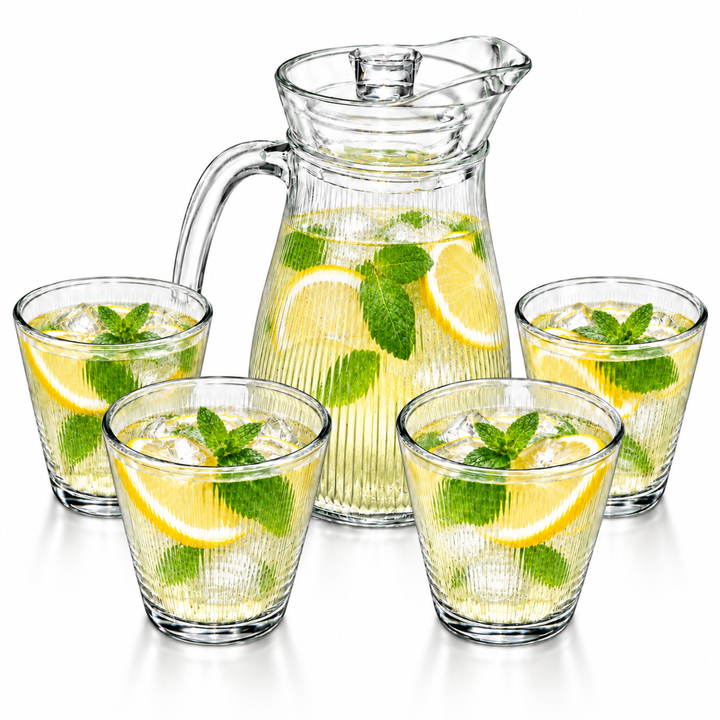 7 Piece Glass Drink Set with Pitcher and 6 Glasses, 11 OZ Drinking Tumblers, Clear Textured Glass Water Juice Beverage Serving Set with Lid, Dishwasher Safe for Home Dining Parties
