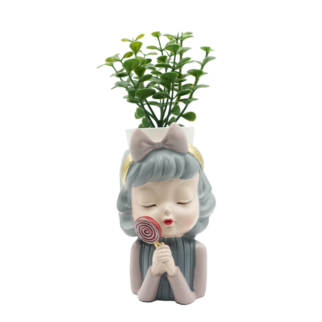 Charming Figurine Set Green Pink Grey Polyresin Decorative Flower Vase Cute Girl Succulent Pot Modern Indoor Home Office Table Decor Propagator Kit Gift Set