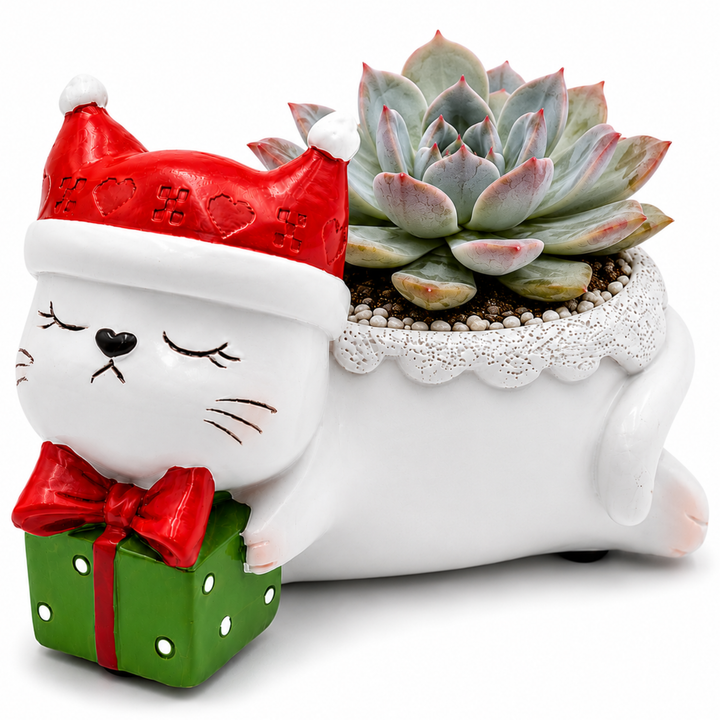 Animal Christmas Flower Pot 4 Pcs Set Rabbit Cat Porcupine Elephant Polyresin Succulent Planter Festive Mini Vase with Santa Hat Gift Box Design Indoor Outdoor Home Office Desk Decor Gift