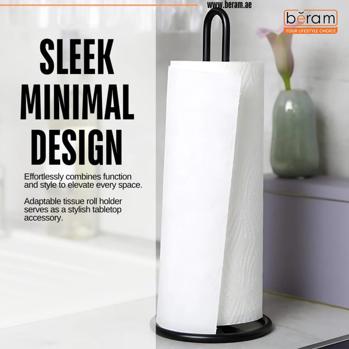 BERAM Tissue Holder for Kitchen Standing Premium Iron Black Paper Towel Stand Elevated Base Aesthetic Counter Top Rack Vertical Roll Stand for Hotels & Homes