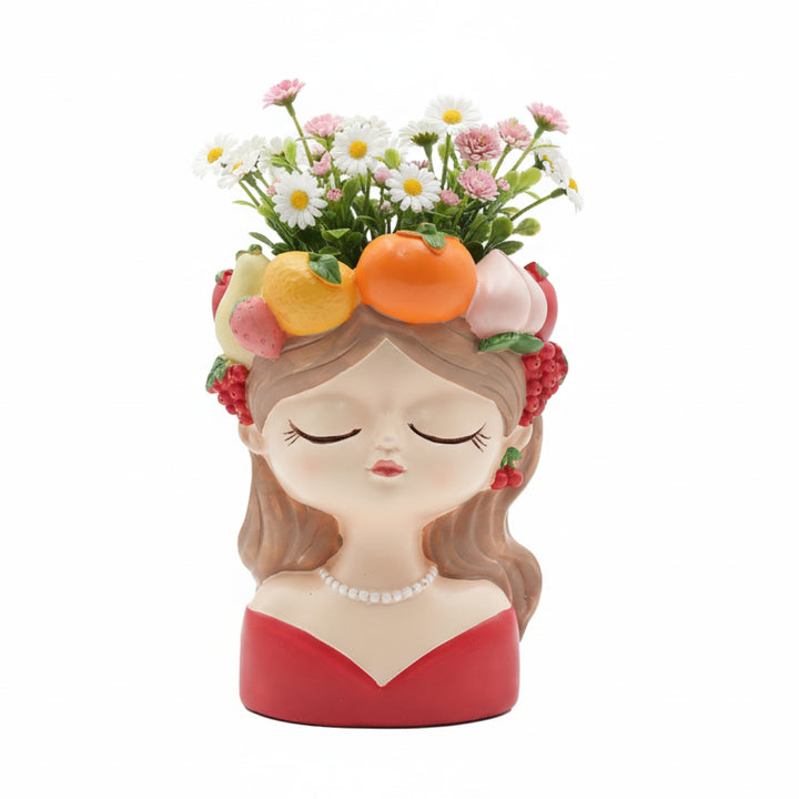 Fancy Girl with Fruit Crown Flower Pot 4 Pcs Set Red Green Pink Yellow Polyresin Decorative Planters for Succulents Indoor Outdoor Home Office Desk Décor Pen Pencil Holder Propagator Kit
