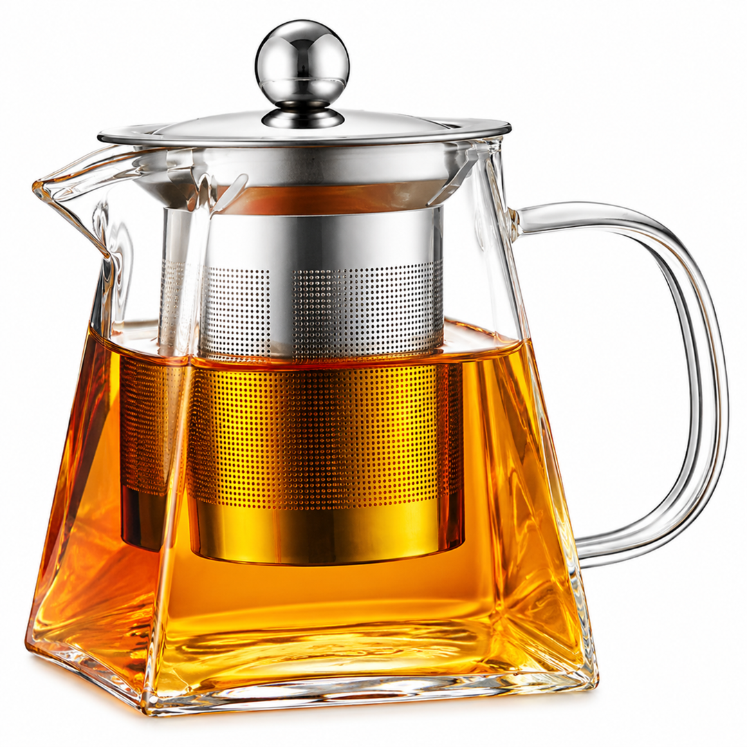 BERAM Glass Teapot with Removable 18/8 Stainless Steel Infuser – 550ml Borosilicate Glass Tea Kettle with Square Base, Stovetop Safe, Handcrafted Loose Leaf Tea Maker for Home or Office
