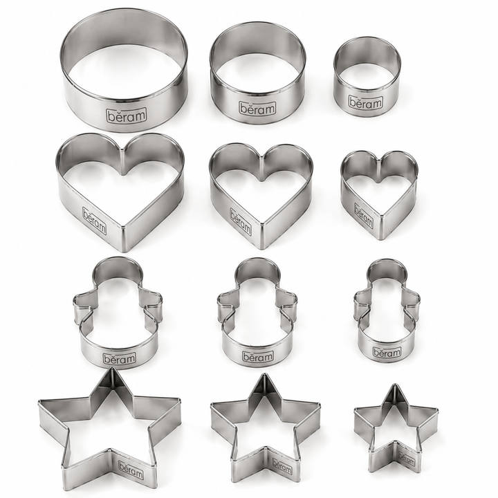 BERAM Cookie Cutters, Set of 12, Stainless Steel Pieces, Mini Vegetable and Fruit Cutters, DIY Mould for Kids, Food Shapes, Decoration Tools