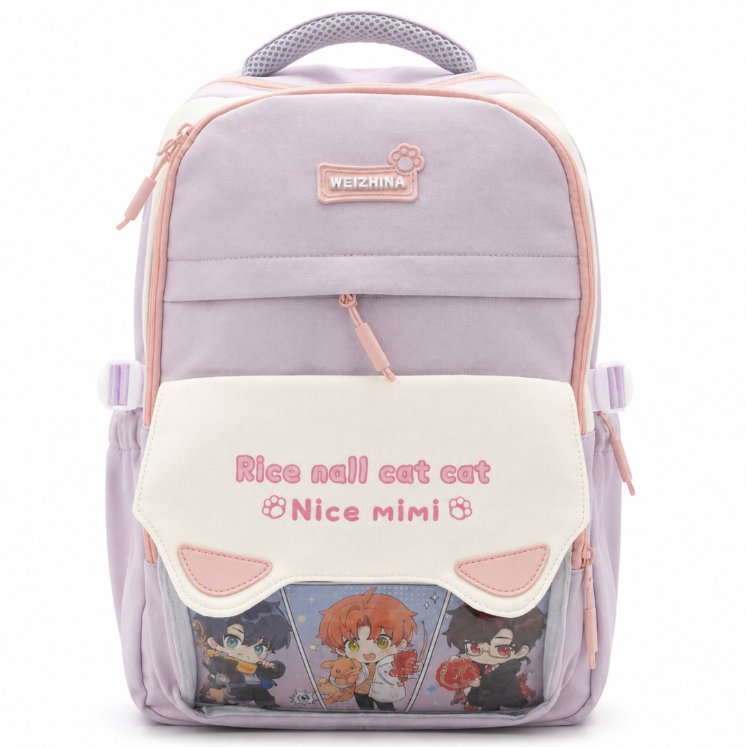 Mimi Meow School Backpack, Cute Cat Water-Resistant Student Backpack with Front Pocket, Lightweight Large Capacity School Bag with Side Bottle Pockets for School & Travel