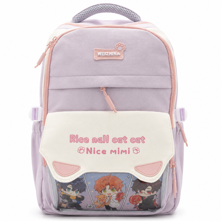 Mimi Meow School Backpack, Cute Cat Water-Resistant Student Backpack with Front Pocket, Lightweight Large Capacity School Bag with Side Bottle Pockets for School & Travel