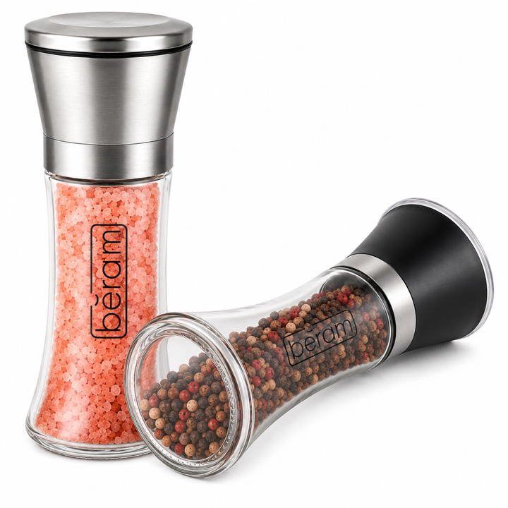 BERAM Salt and Pepper Grinder Set, Stainless Steel Mills with Tall Glass Body, Manual, Adjustable Coarseness for Sea Salt, Black Pepper, Spices, Multipurpose, Perfect for Home Kitchens & Restaurants