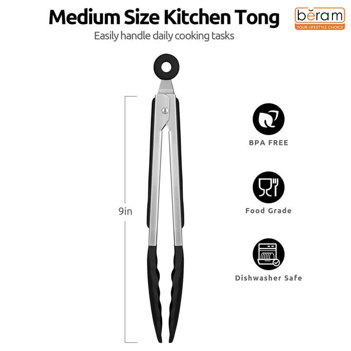 BERAM 270℃ Cooking Tongs, 9 Inch Silicone Kitchen Tongs with Non-Stick Rubber Tips, Padlock System & 18/8 Stainless Steel Handle for Grilling, BBQ, Frying, Serving, Heat Resistant, Non-Scratch