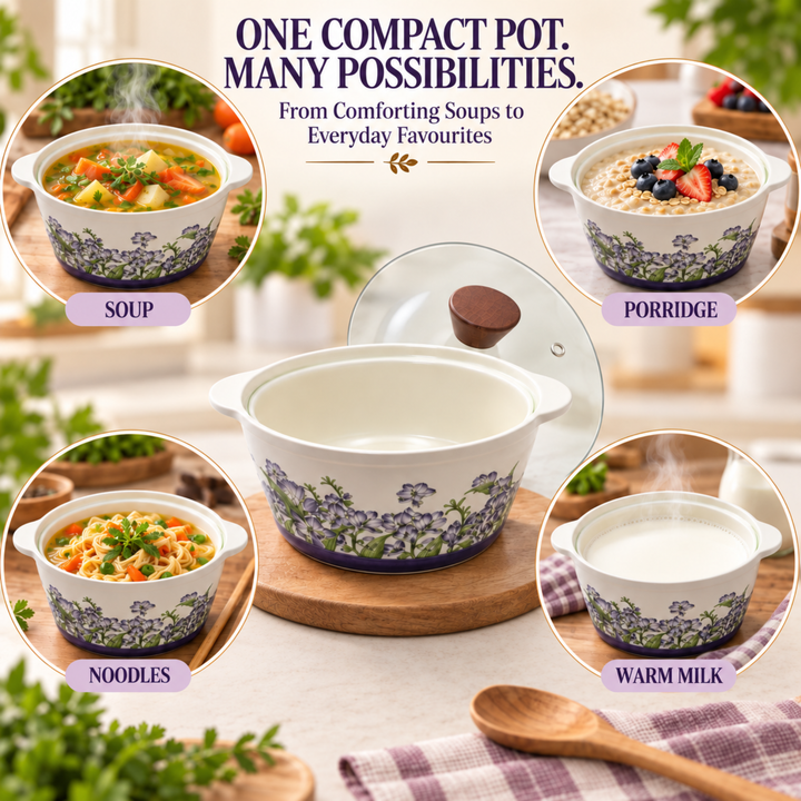 Soup Pot Set with Glass Lids, 0.85L Each, Floral Ceramic Cooking Pots with Side Handles & Wooden Knobs for Soup, Noodles, Porridge, Milk, Stews & Serving