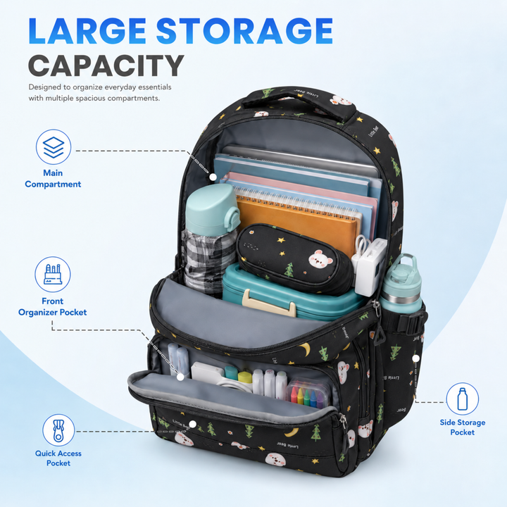 2 Piece Bear Bloom School Backpack and Insulated Lunch Bag Combo Set, Black & Green | Spacious School Bag with Matching Lunch Bag, Multiple Compartments for School, Travel, Office and Daily Use