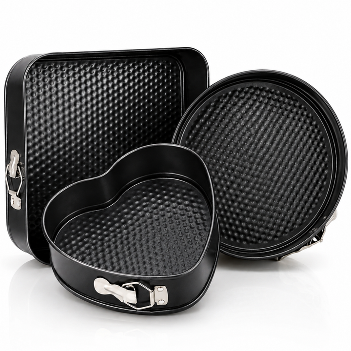 3 Piece Springform Cake Pan Set, Non Stick Carbon Steel Baking Tins with Removable Bottom & Quick Release Latch, Round 26cm Square 28cm Heart 24cm Bakeware for Cheesecake Pizza Cake Baking