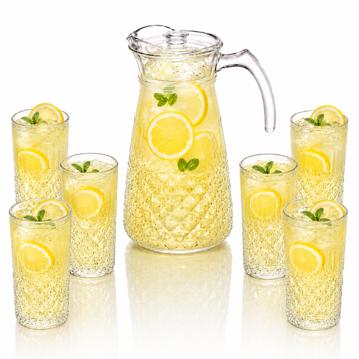7 Piece Glass Drink Set with Pitcher and 6 Glasses, 11 OZ Drinking Tumblers, Clear Textured Glass Water Juice Beverage Serving Set with Lid, Dishwasher Safe for Home Dining Parties