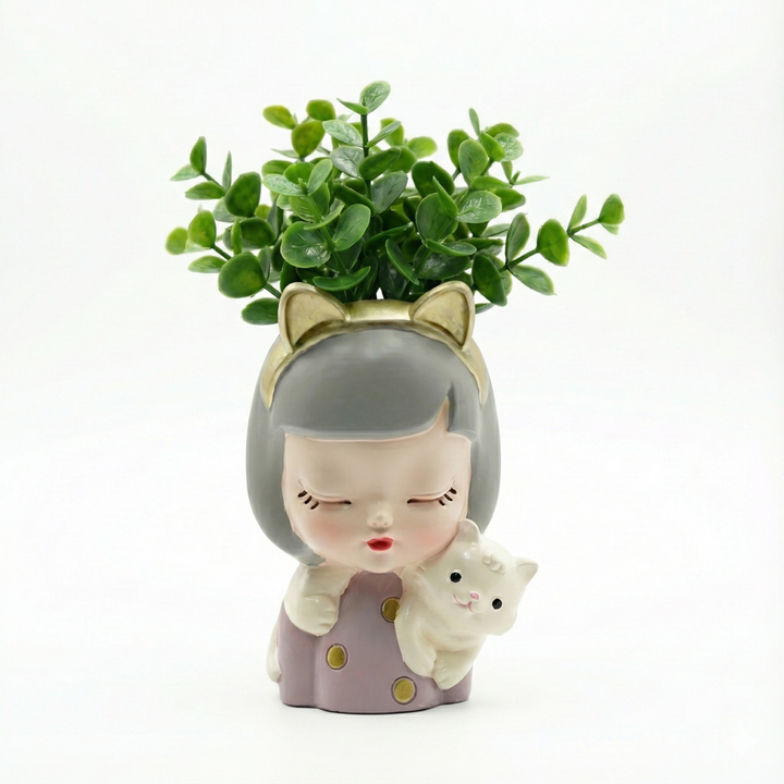 Charming Figurine Set Green Pink Grey Polyresin Decorative Flower Vase Cute Girl Succulent Pot Modern Indoor Home Office Table Decor Propagator Kit Gift Set