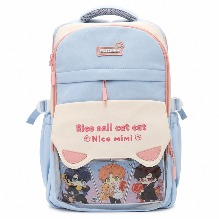 Mimi Meow School Backpack, Cute Cat Water-Resistant Student Backpack with Front Pocket, Lightweight Large Capacity School Bag with Side Bottle Pockets for School & Travel