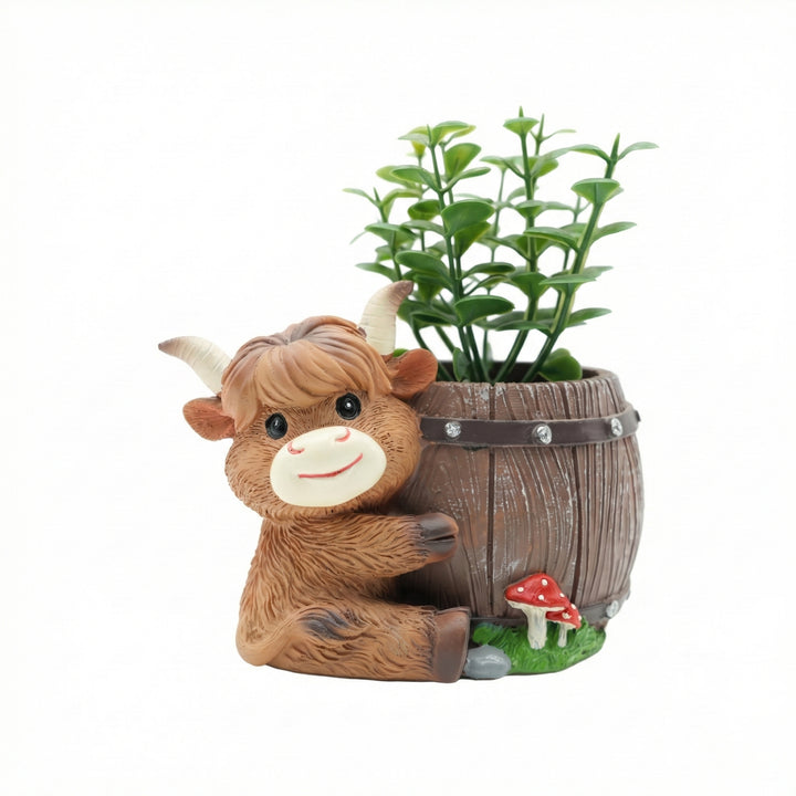 Scottish Highland Candle Cow-Barrel Flower Pot Polyresin Cute Cow Succulent Planter Decorative Mini Barrel Vase Indoor Outdoor Garden Desk Home Office Decor Pen Pencil Holder Propagator Kit