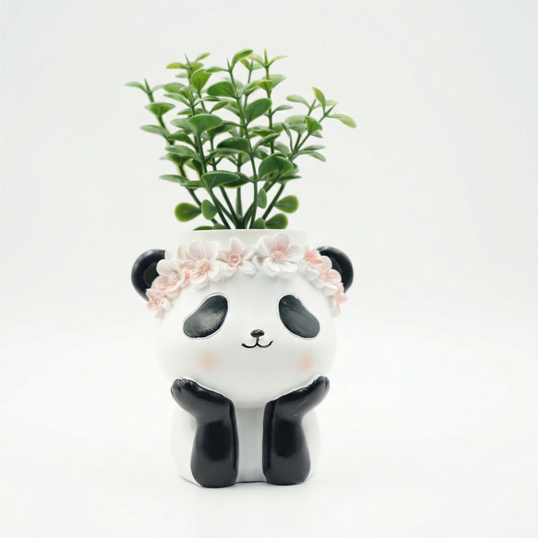 Fantasy 2PCS Flower Pot Set Kitty and Panda Polyresin Cute Animal Succulent Planters with Flower Crown Decorative Mini Vase Indoor Outdoor Home Office Desk Decor Pen Pencil Holder Propagator Kit