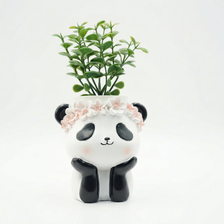 Fantasy 2PCS Flower Pot Set Kitty and Panda Polyresin Cute Animal Succulent Planters with Flower Crown Decorative Mini Vase Indoor Outdoor Home Office Desk Decor Pen Pencil Holder Propagator Kit