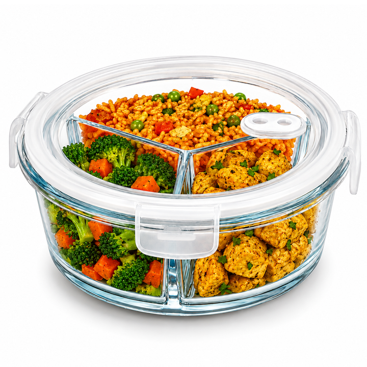 Glass Food Storage Container with Airtight Locking Lid Round 3 Compartment 850ml High Borosilicate Leakproof Meal Prep Lunch Box, Microwave Freezer Refrigerator Safe Glass Container for Food Storage