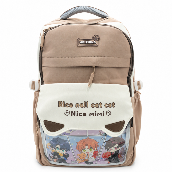 Mimi Meow School Backpack, Cute Cat Water-Resistant Student Backpack with Front Pocket, Lightweight Large Capacity School Bag with Side Bottle Pockets for School & Travel