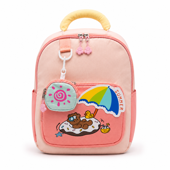 Summer Bear School Backpack for Daily Use, Spacious Multi-Compartment School Bag with Front Zipper Pocket, 2 Side Bottle Pockets, Top Handle, Lightweight Design & Stylish Bear Print