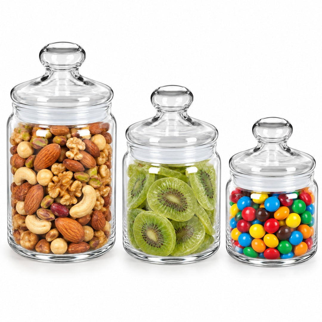 3-Piece Glass Storage Jar Set with Lids, Clear Pantry Containers with Wide Opening, Multipurpose Kitchen Organizer for Pasta, Coffee, Nuts, Snacks & More