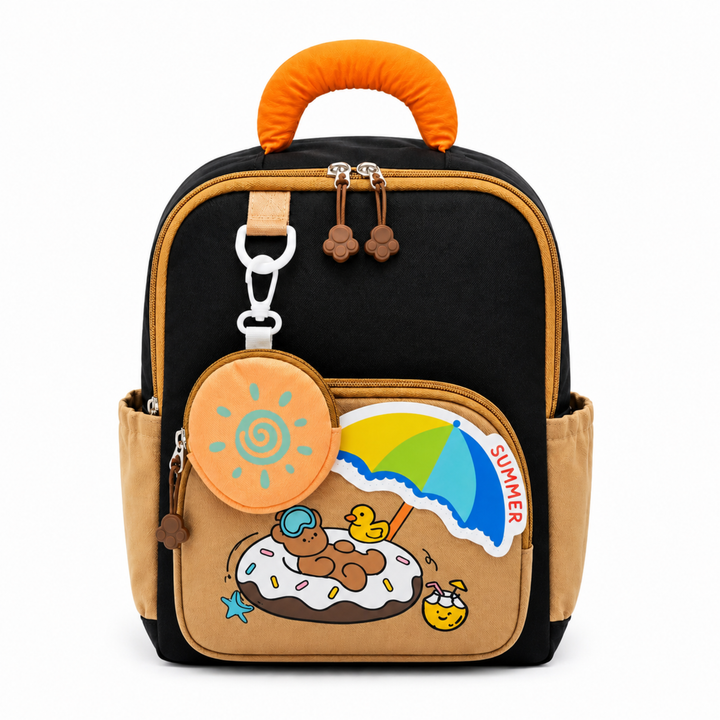 Summer Bear School Backpack for Daily Use, Spacious Multi-Compartment School Bag with Front Zipper Pocket, 2 Side Bottle Pockets, Top Handle, Lightweight Design & Stylish Bear Print
