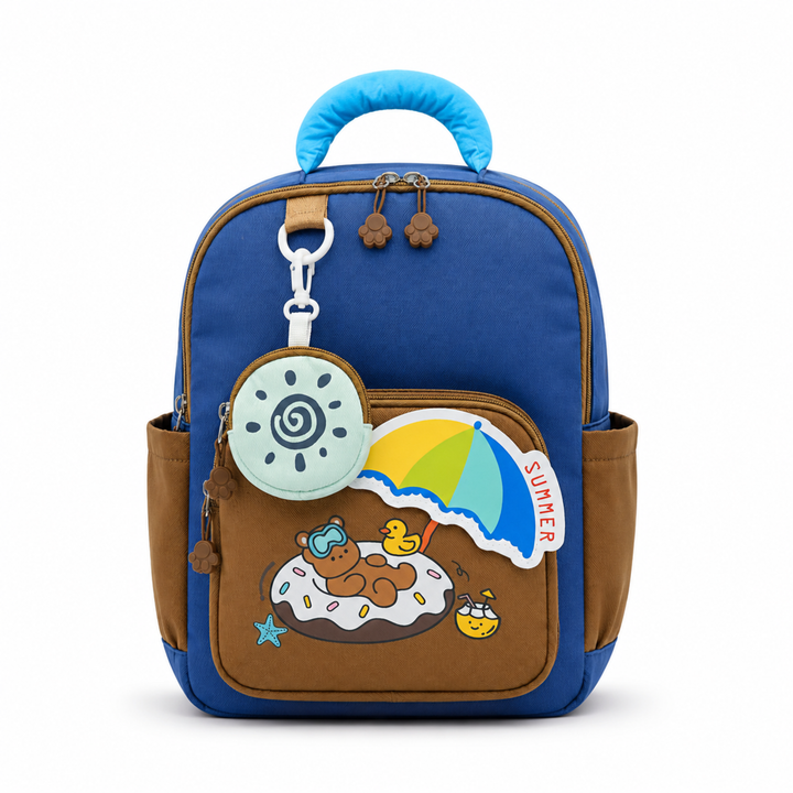 Summer Bear School Backpack for Daily Use, Spacious Multi-Compartment School Bag with Front Zipper Pocket, 2 Side Bottle Pockets, Top Handle, Lightweight Design & Stylish Bear Print